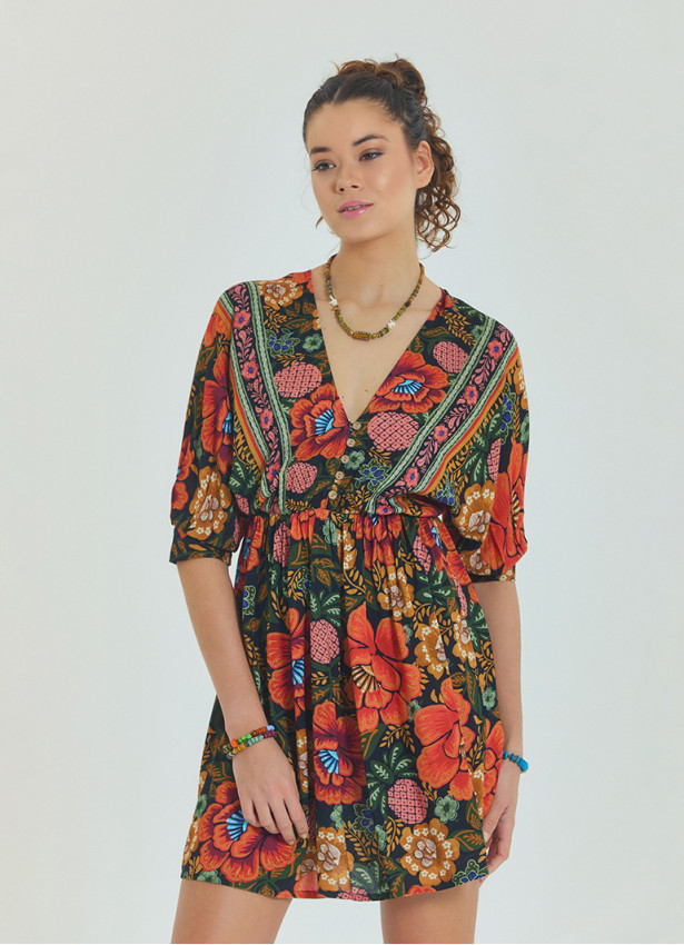 V Neck Elastic Waist Backless Black Floral Dress 4565